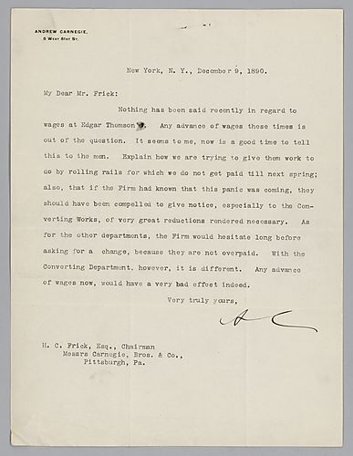 Carnegie writes about advances in wages being out of the question under the current circumstances