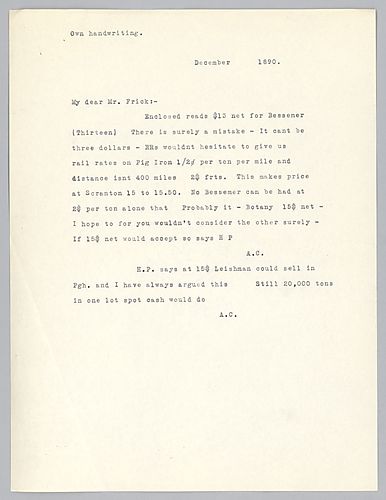 Carnegie writes for an explanation on shipping price of Bessemer pig iron