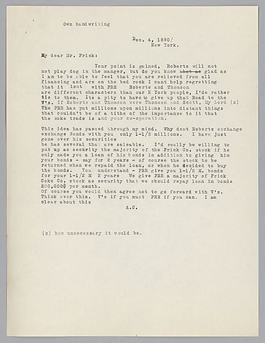 Carnegie writes to propose a possible way for Frick to deal with the Pennsylvania Railroad as the business provided by shipping Frick's coke is leverage in dealing with the railroad
