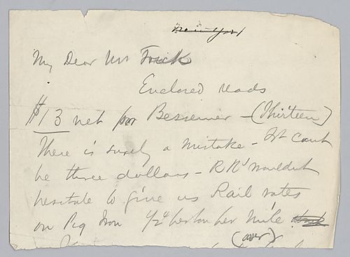 Carnegie writes for an explanation on shipping price of Bessemer pig iron