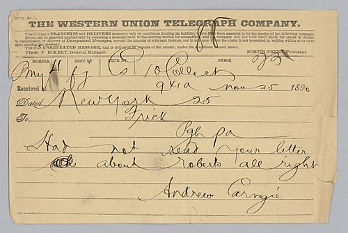 Carnegie writes to say that he has not read Frick's note about Roberts