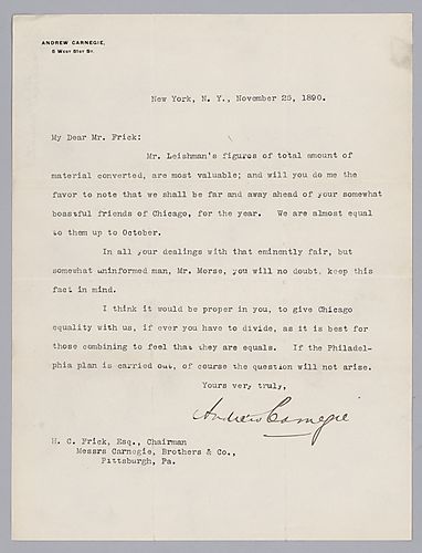 Carnegie writes from New York, [N.Y.] to say that while Chicago will not produce as much for the year, they should still be made to feel as an equal if they combine with Carnegie Steel