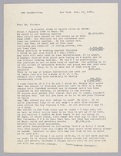 Carnegie writes from New York, [N.Y.] to demand closer management of stocks and collections due to excess credit and lack of proper financing