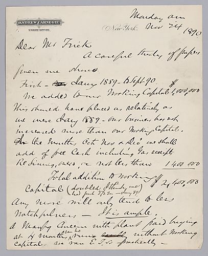 Carnegie writes from New York, [N.Y.] to demand closer management of stocks and collections due to excess credit and lack of proper financing