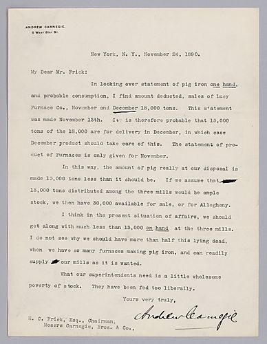 Carnegie writes from New York, [N.Y.] to tell Frick that stockpiles should of pig iron should be depleted