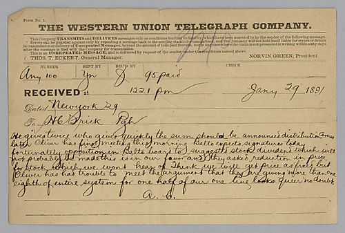 Writing from New York, Carnegie discusses the deal with Baltimore and [Ohio Railroad]