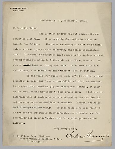 Writing from New York, Carnegie discusses freight rates on the transfer of coke and the rate of pig iron