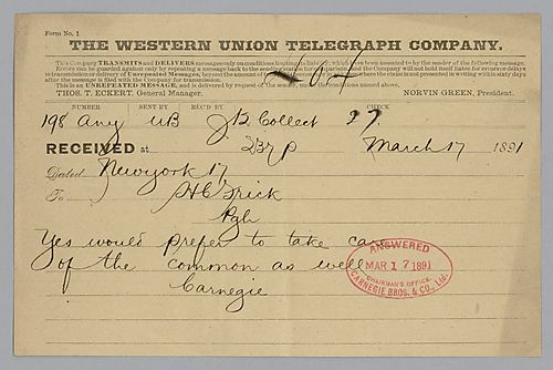 Writing from New York, Carnegie refers to taking care of the common