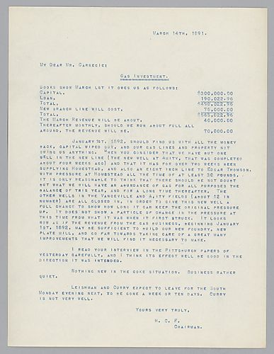 Frick discusses natural gas investment for the purpose of supplying their mills with gas