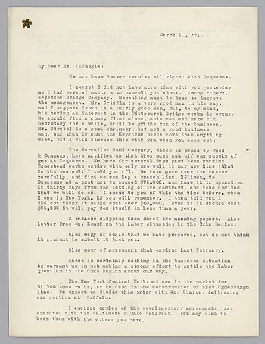 Frick discusses several matters including Keystone Bridge Company, the supply of natural gas to Duquesne mill, labor relations and Baltimore and Ohio Railroad Company