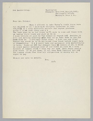 Carnegie writes from Washington, D.C. and discusses the price of bonds and common stock