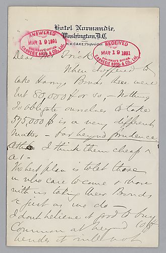 Writing from Washington, D. C., Carnegie discusses the price of bonds and common stock