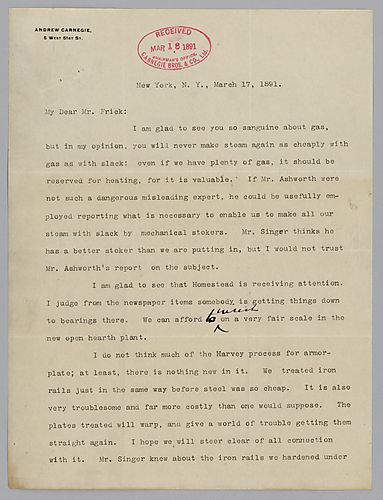 Writing from New York, Carnegie discusses the use of gas to make steam, Homestead works, a process for making plate armor and coke rates