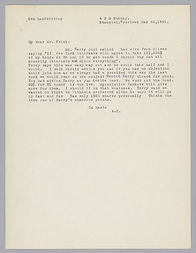 Carnegie discusses the selling of bonds to New York interests