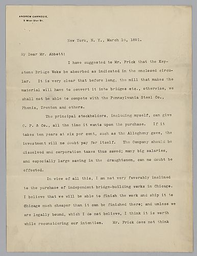 Writing from New York, Carnegie discusses the proposed plan to have Carnegie and Phipps and Company buy Keystone Bridge Works and dissolve the company. He then advises against the purchase of an independent bridge building company in Chicago. Typed postsc