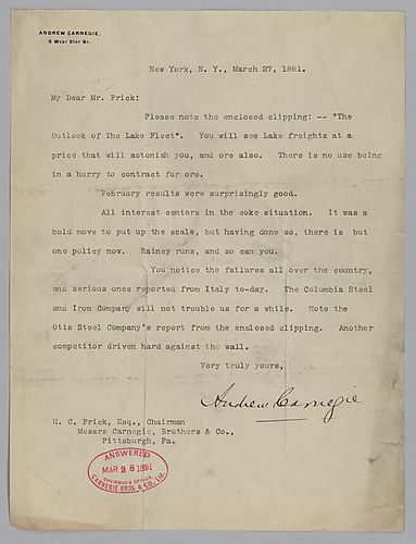 Writing from New York, Carnegie informs Frick that he has enclosed a newspaper clipping entitled, "The Outlook of the Lake Fleet." Also, he refers to the "coke situation" and their competitors Columbia Steel and Iron Company and Otis Steel Company