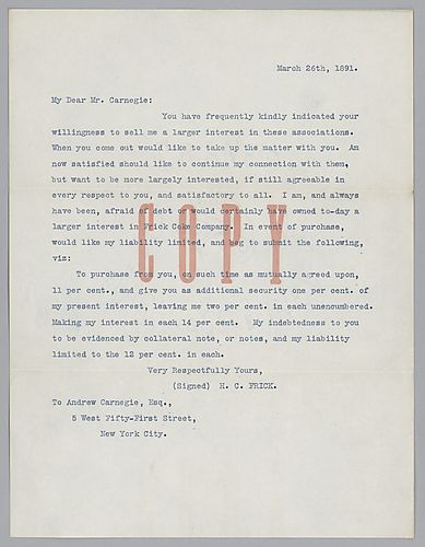 Frick writes to Carnegie in New York and inquires about purchasing a larger interest in Carnegie' s associations