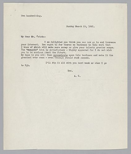 Carnegie states his delight that Frick desires to increase his interest in [Carnegie associations] and also refers to the "Margain" idea