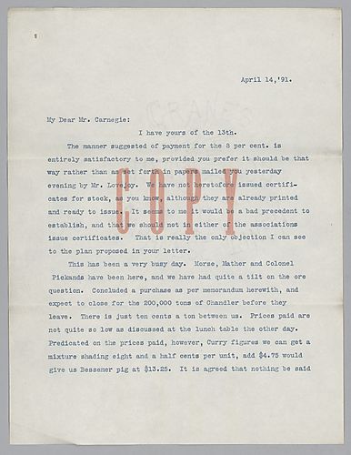 Writing to Carnegie in New York, Frick discusses the sale of eight percent of Carnegie's interest to him, the price of ore, sale of billets and rails and reading the letter of advice to Mr. Abbott