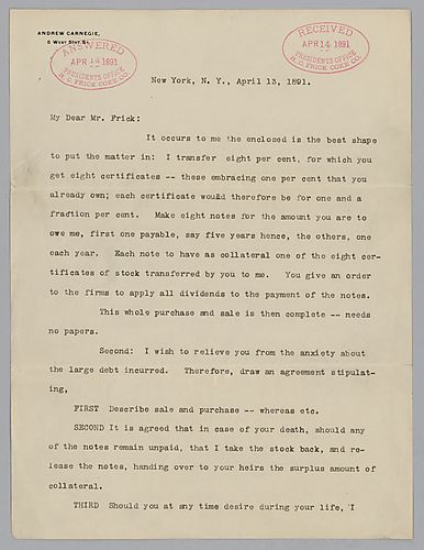 Writing from New York, Carnegie discusses the details of sale of eight percent of his interest to Frick. Typed postscript refers to a circular enclosed pertaining to Baltimore and Ohio Railroad, however the circular is not present. Also, Carnegie advises 
