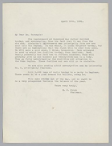 Frick discusses the coke strike and in particular activity at the Adelaide, Leisenring and Moorewood coke works in the counties of [Fayette and Westmoreland, Pa.]