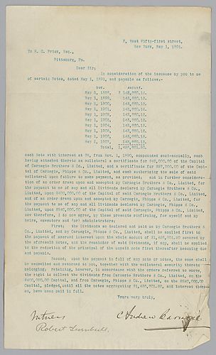 Writing from New York, Carnegie outlines the details of payments to be made to him by Frick. The payments pertain to Frick's [purchase of interest] in Carnegie Brothers and Company, Limited and Carnegie and Phipps and Company, Limited. The letter is also 