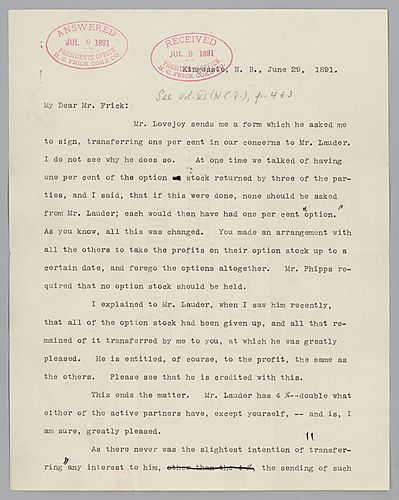 Writing from Kingussie, [Scotland], Carnegie discusses an agreement over the handling of option stock. In a handwritten note at the end of the letter, Carnegie announces his arrival at Cluny Castle and that the boys are arriving Wednesday with Mrs. Genera