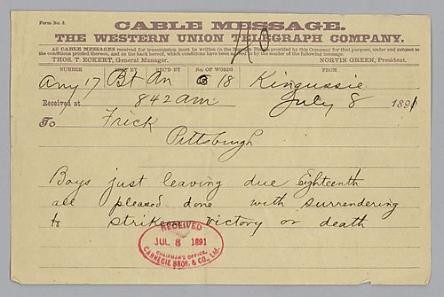 Writing from Kingussie, [Scotland], Carnegie mentions the "boys" leaving and the strike at [Duquesne works]