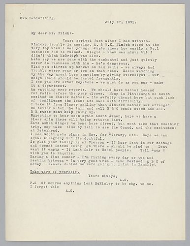 Carnegie discusses the business problems of "A. & W.K. Nimick of Pittsburgh, Frick's family stay at Cresson, Pa. and mentions revising his [essay] ABC of Money