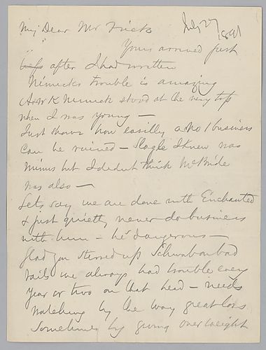 Carnegie discusses the business problems of "A. & W.K. Nimick of Pittsburgh, Frick's family stay at Cresson, Pa. and mentions revising his [essay] ABC of Money