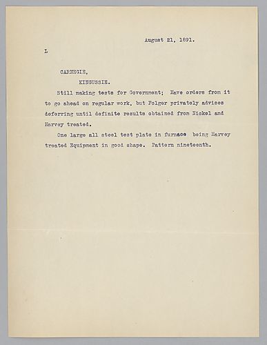 Writing to Carnegie in Kingussie, Scotland, [Frick] informs Carnegie on testing for the government for the [production of armor] plates