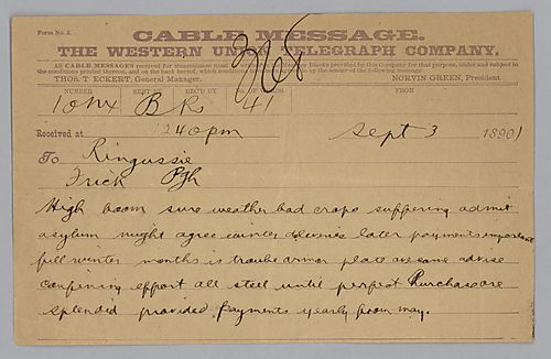 Writing to [Carnegie] in Kingussie, [Scotland], Frick states, "high boom" in relation to the failing crops in [Europe] and advises on the production of armor plate