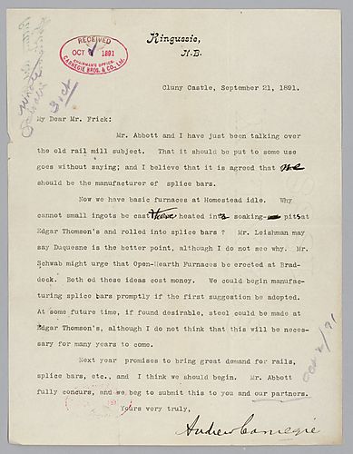 Writing from Cluny Castle, Kingussie, [Scotland], Carnegie discusses the "old rail market" and the manufacturing of splice bars