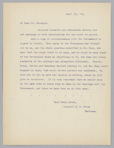 Frick discusses dealings with the government over the manufacturing of [armor]. Statements and correspondence enclosed by Frick are not present