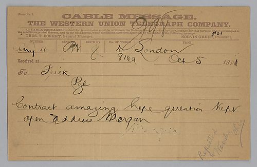 Writing from London, [Carnegie] states, "Contract amazing hope question kept open address Morgan." Handwritten note at the bottom of the telegram states, "Repeated to Wooster, Ohio."