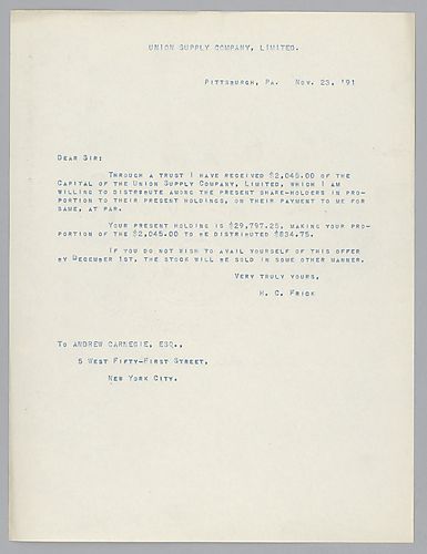 Writing to Carnegie in New York, Frick indicates he has received $2,045.00 of capital of the Union Supply Company, Limited