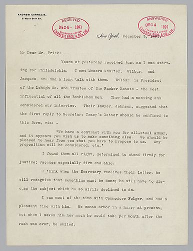 Writing from New York, Carnegie discusses matters involving their contract with the government to produce armor for the navy and announces his intention to visit Washington, D.C