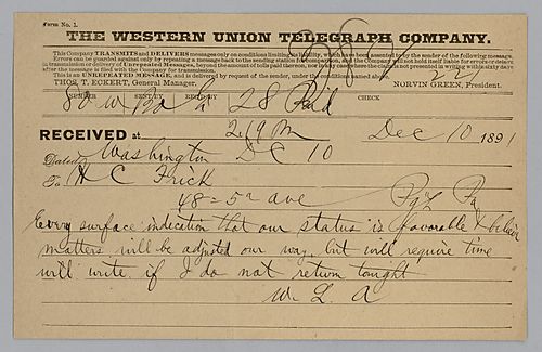 Writing from Washington, D.C., Abbott informs Frick "that our status is favorable and believe matters will be adjusted."