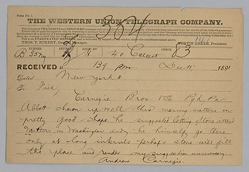 Writing from New York, Carnegie discusses matters occurring in Washington, D.C. that involve [William] Abbott