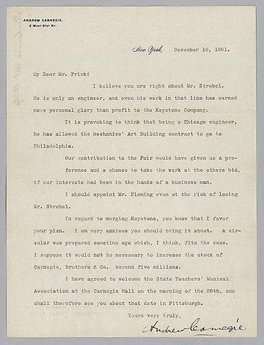 Writing from New York, Carnegie discusses matters involving a Mr. Strobel at the Keystone Bridge Company and talks of a merger of the company. He also makes reference to the [tower project for the World's Fair]