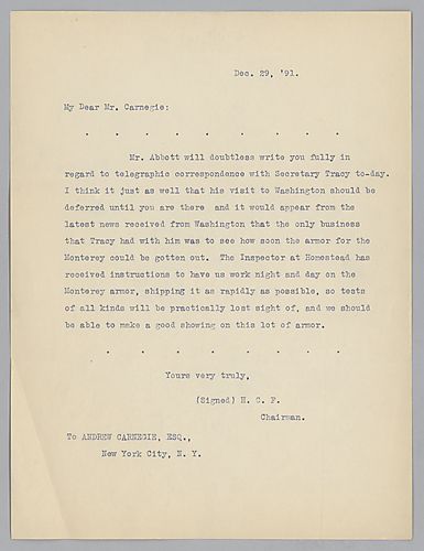 Writing to Carnegie in New York, Frick discusses matters involving the production of armor for the ship Monterey