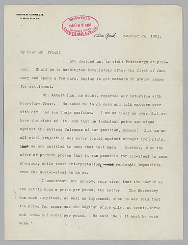 Writing from New York, Carnegie informs Frick of his intention to travel to Washington, D.C. after the first of the year to meet with Secretary Tracy and discuss the manufacturing and price of [armor]