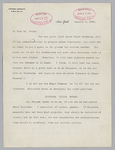 Writing from New York, Carnegie discusses new blast furnaces, Keystone Bridge Company, production of Structural beams, cost of heating mills and armor plate tests. Handwritten note refers to prices
