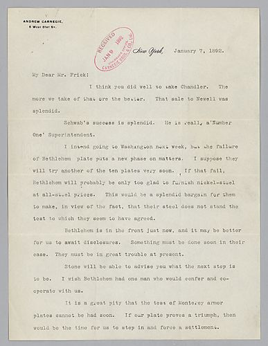 Writing from New York, Carnegie discusses matters involving Bethlehem, Pa. pertaining to the manufacturing of armor plates and mentions a trip to California on January 15, with Frick accompany him