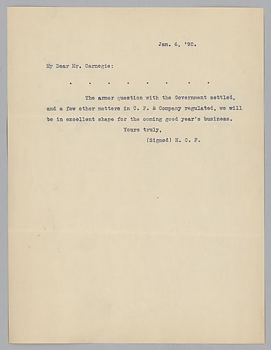Frick informs Carnegie that the "armor question with the government settled" and that they are "in excellent shape for the coming good year's business."