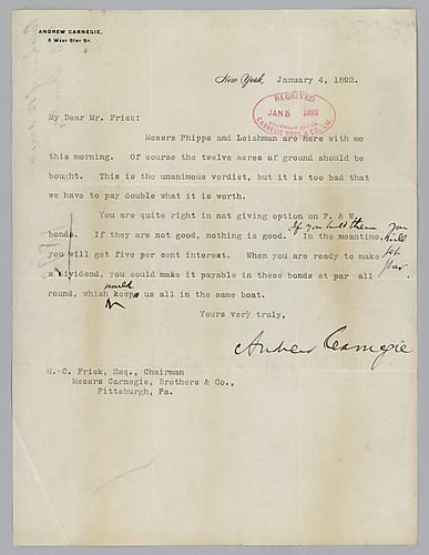 Writing from New York, Carnegie advises Frick on the purchase of twelve acres of land and options on "P.& W." [Pittsburgh and Western] bonds