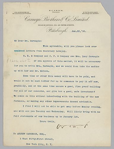 Frick writes to Carnegie in New York to discuss a matter involving Carnegie Brothers and Company and Carnegie, Phipps and Company owing Mrs. Lucy Carnegie "$1.602.065.91" and encloses letters from Secretary Lovejoy