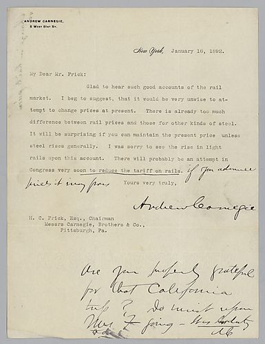 Writing from New York, Carnegie advises Frick on his attempt to change rail prices. Handwritten note at the end of the letter mentions a trip to California
