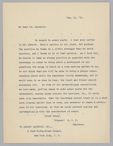 Frick writes to Carnegie in New York and discusses matters involving the production of armor plates for the government