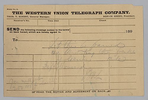 A note containing three signatures, two by Carnegie and one by [J. G. Leishman]. Carnegie writes "Let this be framed as illustrating the freaks of [G]enuis. [J.G. Leishman] writes "Fifty Thousand" and Carnegie responds by writing "you will get 250,000 eas